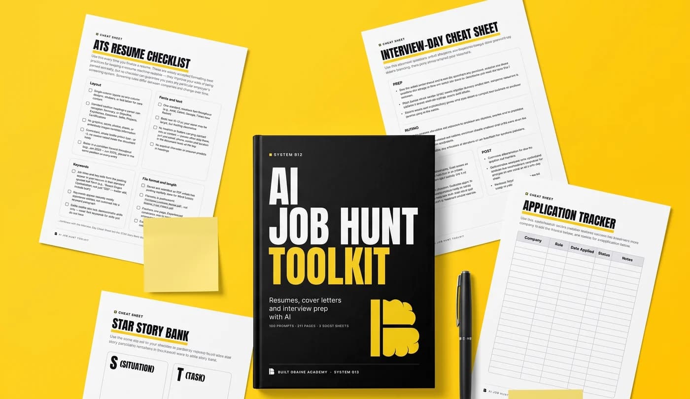 The AI Job Hunt Toolkit book with its printable ATS Resume Checklist, Interview-Day Cheat Sheet, STAR Story Bank and Application Tracker