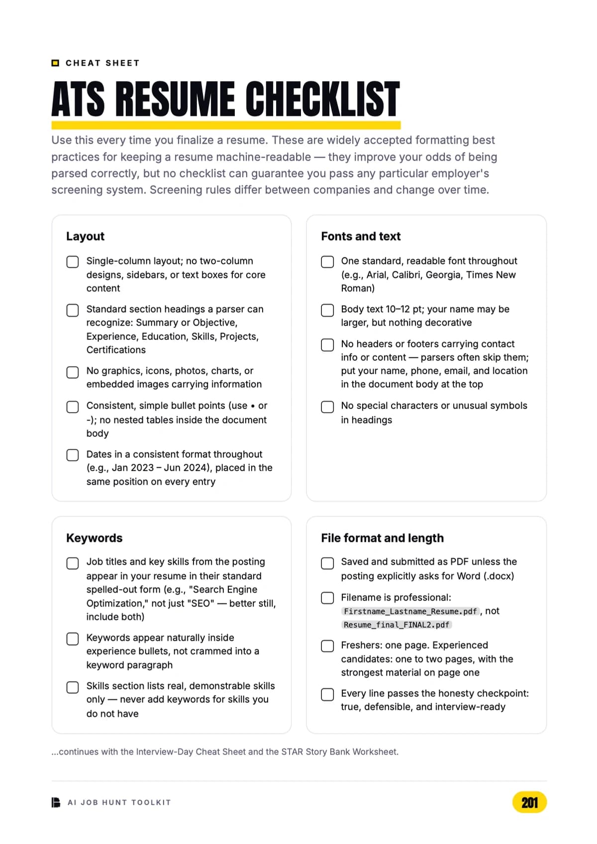 Cheat Sheet — the ATS resume checklist