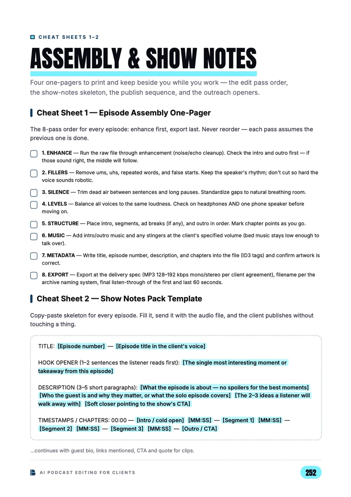 Cheat Sheets 1–2 — episode assembly & show notes