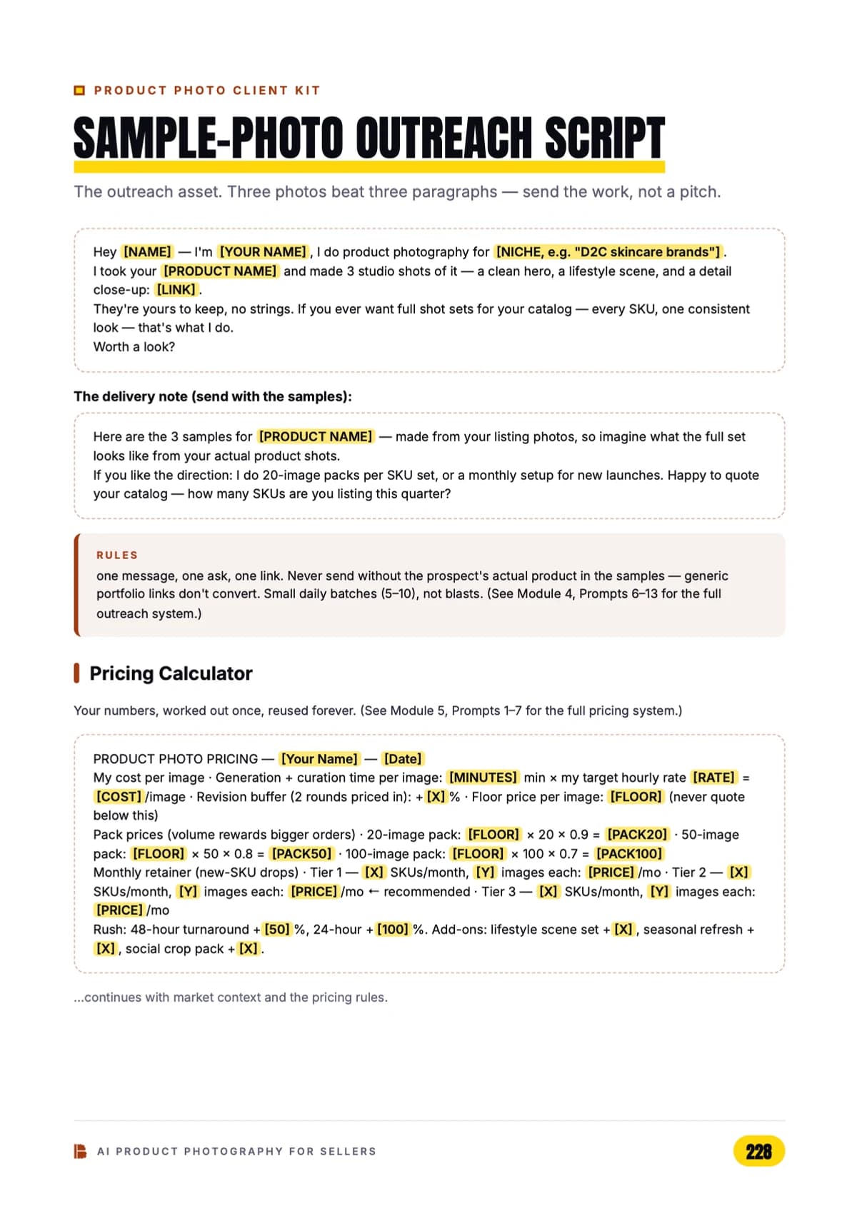 Sample-photo outreach script & pricing calculator