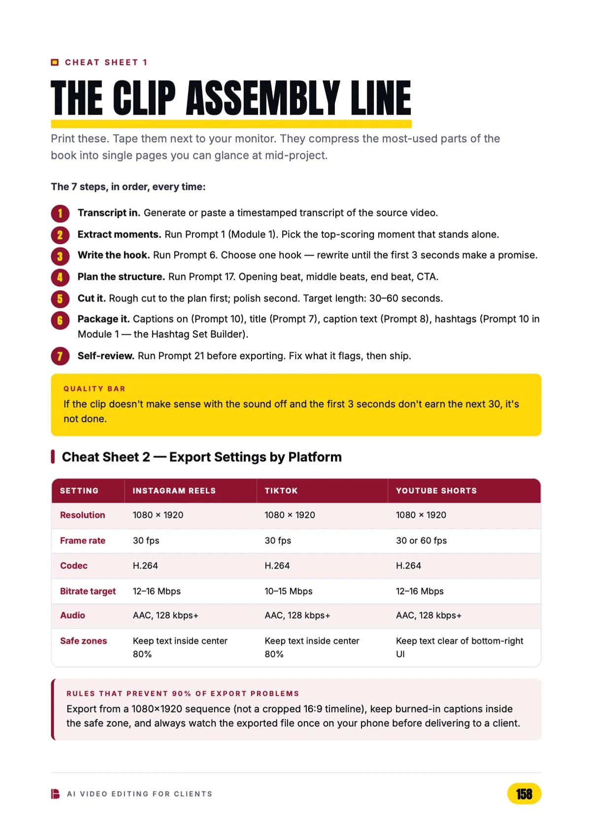 AI Video Editing for Clients — Cheat Sheets 1–2 — clip assembly line & export settings