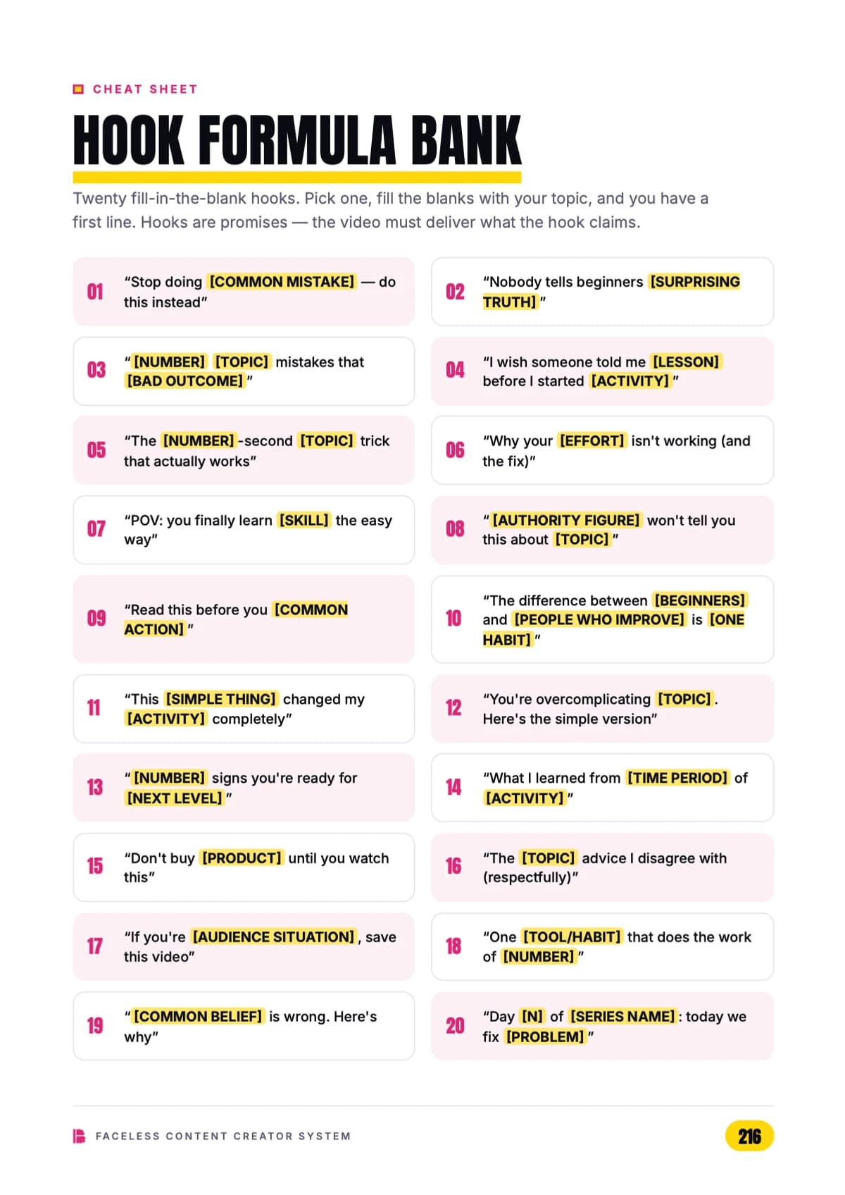 Cheat Sheet — the Hook Formula Bank
