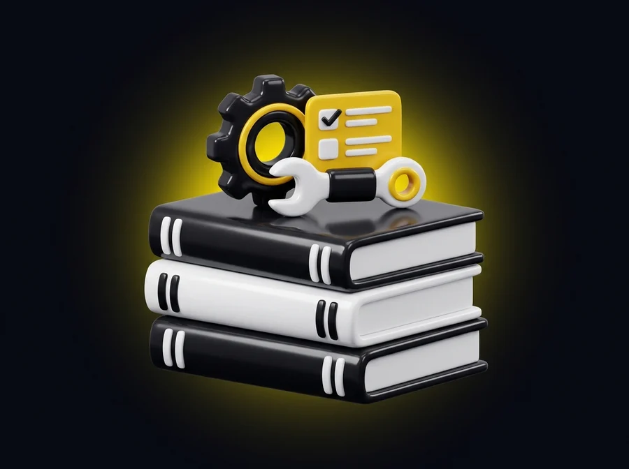 A stack of finished books with a gear, a wrench and a checklist