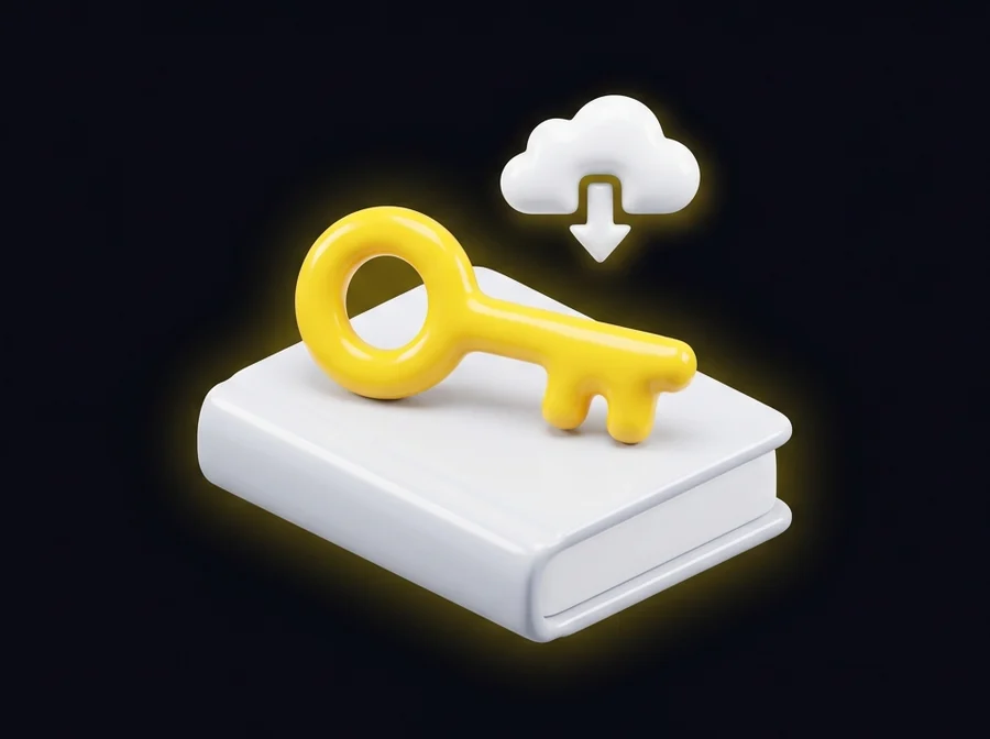 A yellow key resting on a book, with a download cloud above